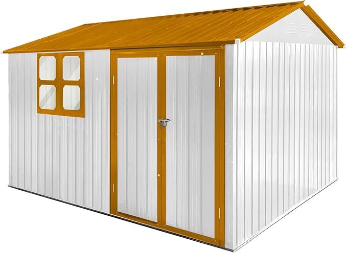 8x10 FT Outdoor Storage Shed, Metal Garden Shed with 4-pane Window, Outside Tool Shed with Lockable Hinged Doors & 4 Air Vents, Waterproof Storage Building for Backyard, Patio, Lawn, White+Yellow