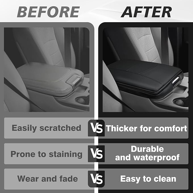 Muslogy Center Console Armrest Cover Compatible with Dodge Ram1500 2013-2018 & ram2500/3500 2013-2025 Comfort Armrest Pad Arm Rest Cushion Vegan Leather Protector 1-Inch Extra Thick(Jump Seat ONLY)
