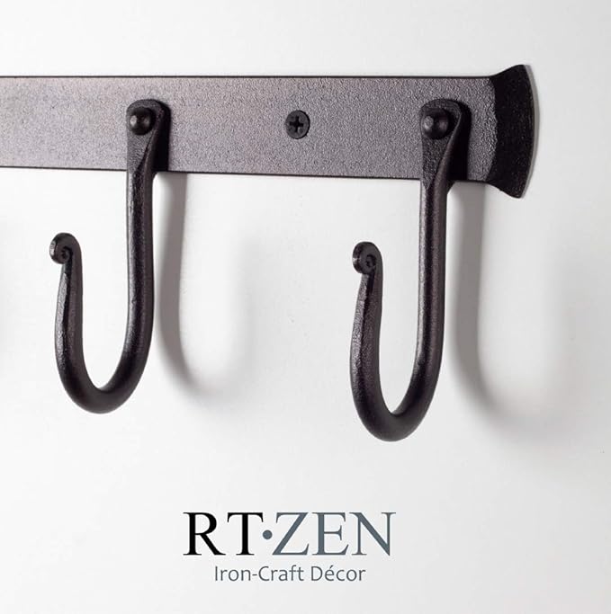 RTZEN Wall Mount Hook Set - Wrought Iron Decorative Rustic Metal Coat Hooks for Hanging - Handcrafted Classic Farmhouse Wall Mounted Black Hooks for Towel Robe or Hat Hanging - 3 Hook Rack