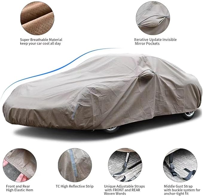 Tecoom Car Cover Waterproof All Weather Thick Shell Non-Woven Outdoor Full Cover with Invisible Zippered Mirror Pockets Rain Sun Wind Hail Protection Car Covers Universal Fit Bmwz4 (167-172 Inches)