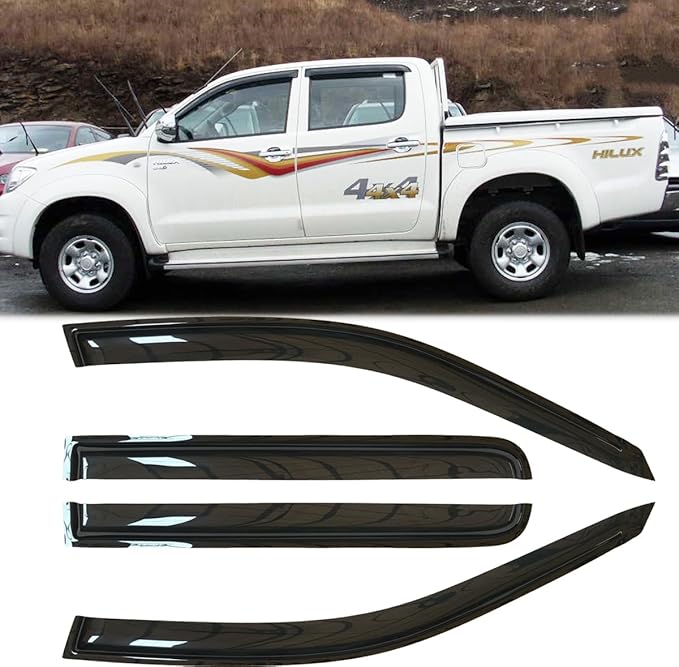 4pcs Outside Mount Style Dark Smoke Window Rain Guards Durable Side Wind Deflectors Vent Window Visors Fit for 2005-2021 Toyota HILUX Crew Cab Pickup