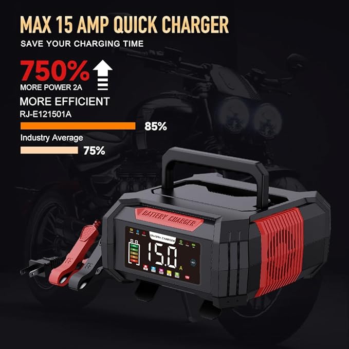15 Amp Battery Charger, 12V 24V LiFePO4 Car Battery Charger 9-Stage Trickle Portable Charger Smart Battery Maintainer w/Battery Repair, Winter Mode, for AGM, STD, Gel, Lead Acid,Deep Cycle Batteries