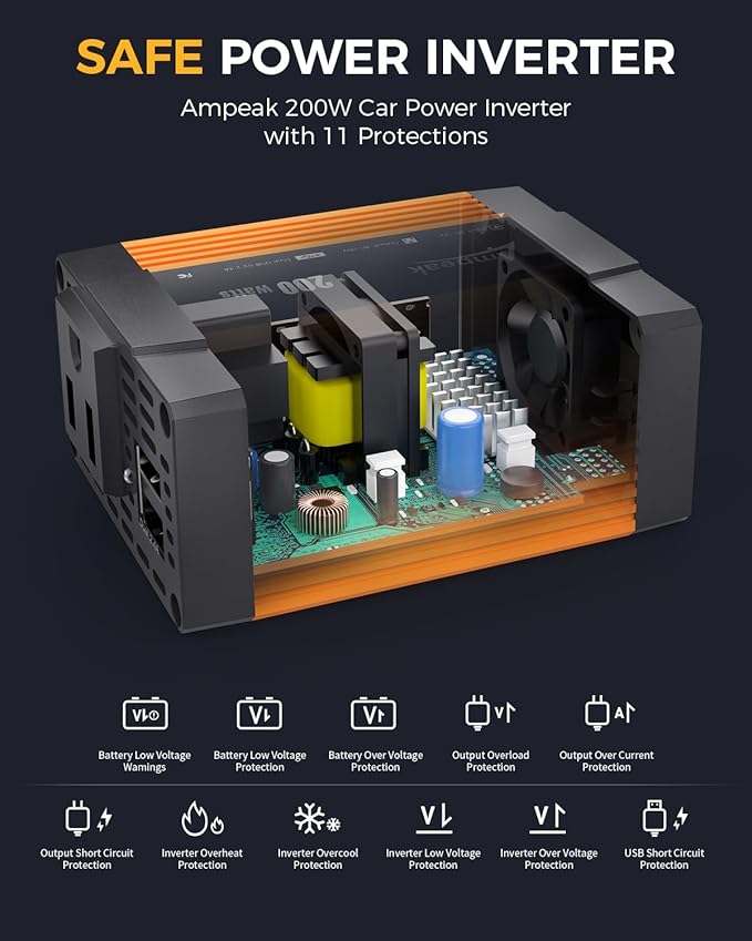 Ampeak 200W Car Power Inverter 4.8A Dual USB Ports AC Outlet Car Inverter DC 12V to AC 110 Car Plug Adapter