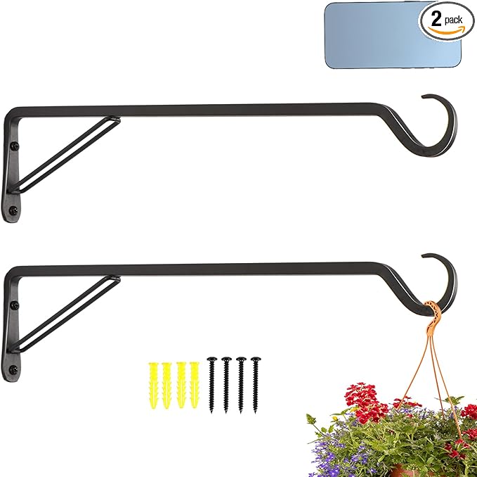 2 Pack Extra Long 19 Inch Heavy-Duty Rust-Resistant Solid Steel Plant Hangers and Bird Feeder Hangers for Indoor and Outdoor Decor, Wall Hooks