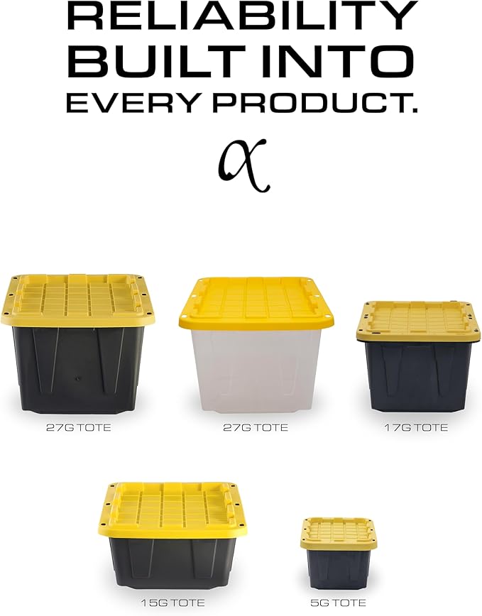 BLACK & YELLOW, 17-Gallon Heavy Duty Tough Storage Container & Snap-Tight Lid, (12.5"H x 18"W x 26.9"D), Weather-Resistant Design and Stackable Organization Tote [4 Pack]