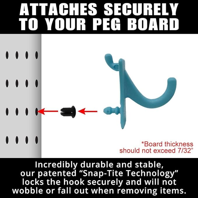PegPro® J Hooks Kit for Standard “Wood Fiber” pegboard – Durable Plastic Pegboard Hooks - for Garage, Kitchen, Craft Room, and More (J Hook - 24 Pack, Caribbean)