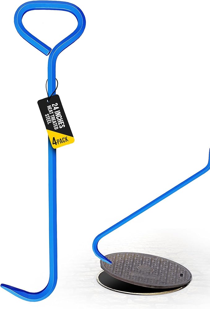 T&T Tools 24-Inch Manhole Hook Tool -Heavy Duty Single Hook for Lifting Manhole Covers, Storm Drains, Septic Tank Risers - Rigid Hex Alloy Steel Tool for Lifting, Pulling, and Removing Covers-4 Pack