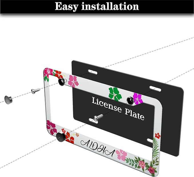 License Plate Frames License Plate Bracket for Women Aloha Hawaii Hibiscus Floral Flowers Colorful Universal Aluminum Car Accessory 2 Pack with Screw Covers Set