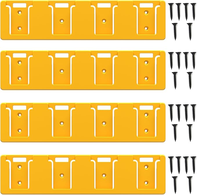 Battery Rack Compatible with DeWalt 20V Battery Holder, Mount 4 Slot Bulk Battery Garage Tool, Tools for Dewallt 20v, Wall Display Hook Holder (Yellow-4pc)