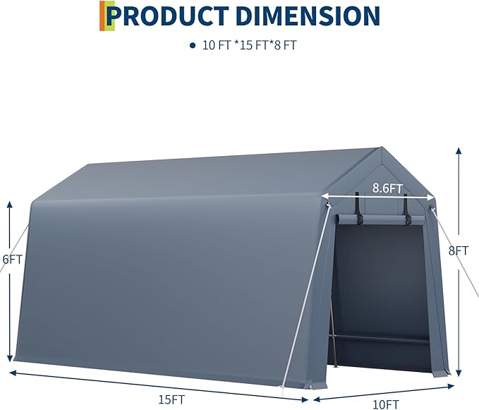 7x15FT Outdoor Storage Shed, Portable Carport with Roll-up Ventilated Zipper Door and Windows, Heavy Duty Waterproof Tarp, Storage Sheds for Motorcycle, Bike, Firewood, Garden Tools