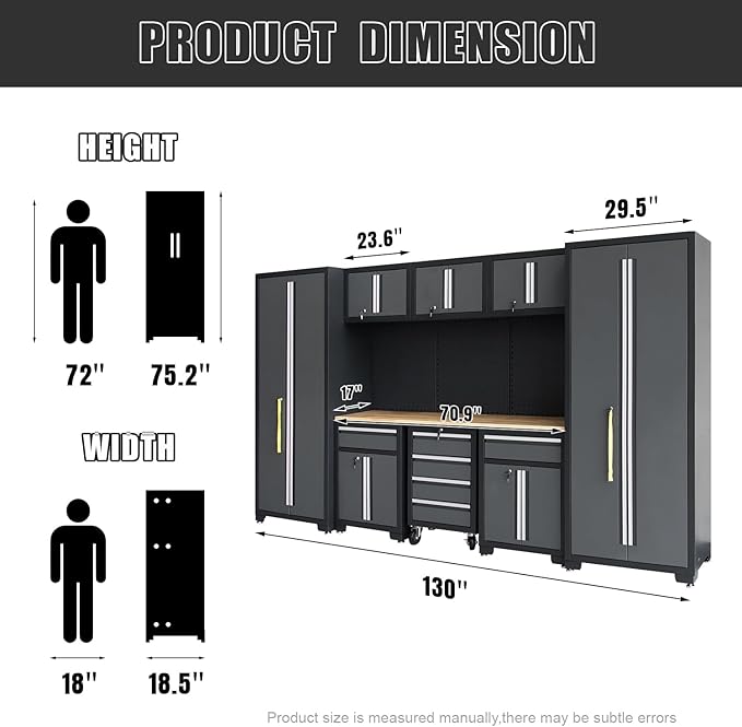 Garage Storage Cabinet System 9-Pcs Workshop Set Garage Cabinets and Storage System with Steel Cabinet Drawers, Rolling Chest, Workbench, Pegboard for Garage Tool Organization, Black and Grey