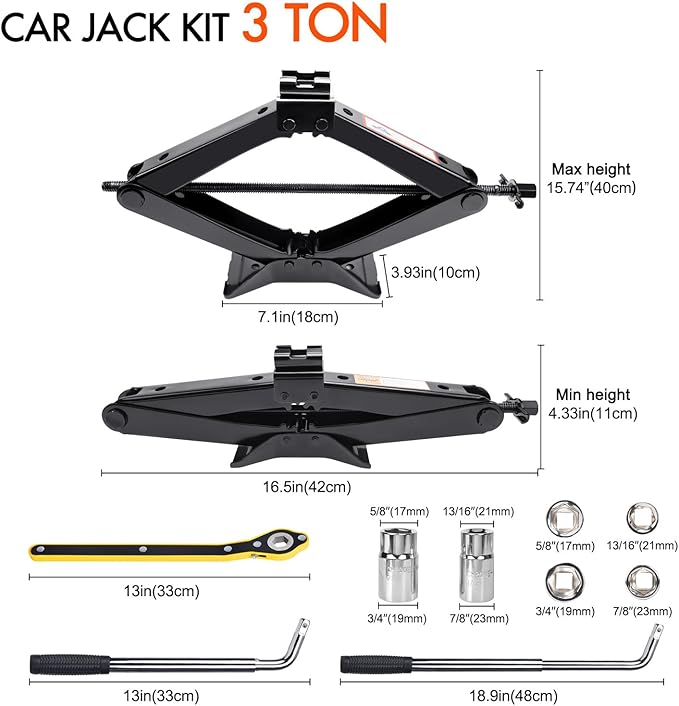 Scissor Car Jack 3 Ton (6610 lbs) Tire Changing Kit with Lug Wrench - Emergency Kit for Car, SUV, MPV