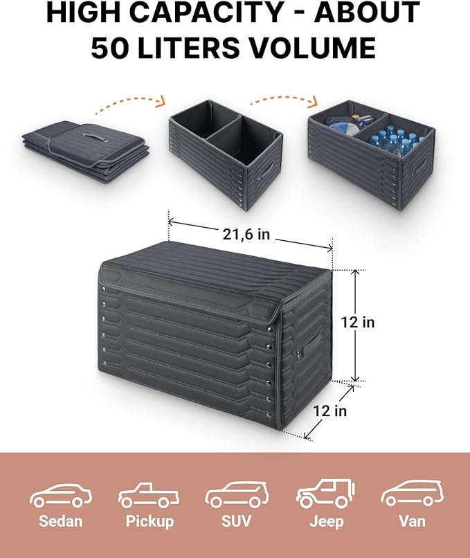 Car Trunk Organizer For Shoes - Storage Crate For SUV, Sedan Or Truck - Foldable Cargo Bin For Travel Gear & Sports Kits - Practical Holiday Gifts For Drivers (Highway 21.6 inch)