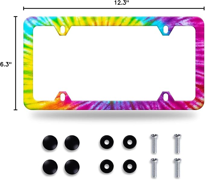 Colorful Hippie Tie Dye License Plate Frame Beautiful License Plate Stainless Steel Parts Funny License Plate Decorative with Screws Size 12.3" x 6.3" Women