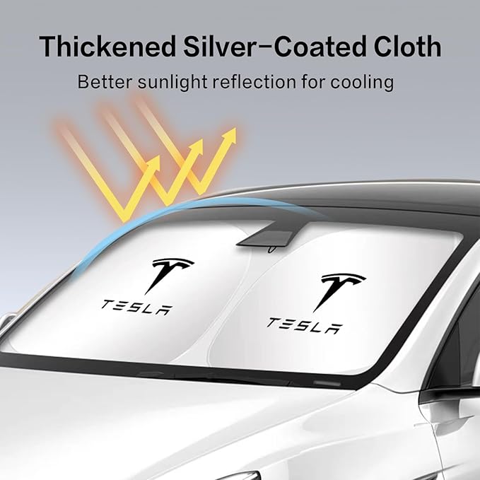 300T Sunshade for Tesla Model Y Model 3, Car Accessories 2025 for Tesla, Front Window Sunshade with Organizer Bag, Gifts for Tesla Owners (Blue)