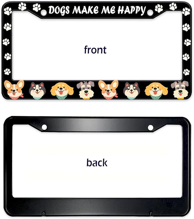 Dogs License Plate Frame, Lovely Puppies Dogs Paws Printed License Plate Holder Cover, Dogs Make Me Happy Metal Aluminum Rustproof Car Accessories for Women Men 2 Holes with Screw Caps