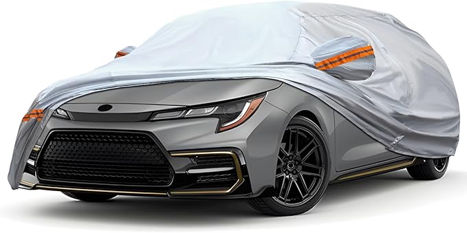 KEYOOG Car Cover, Fit for 178"-189" Length Sedan, 6-Layer All-Weather Waterproof, Universal in All Seasons, Snow Prevention, Rainproof, Acid Rainproof, Sunscreen, Orange Reflective Strip