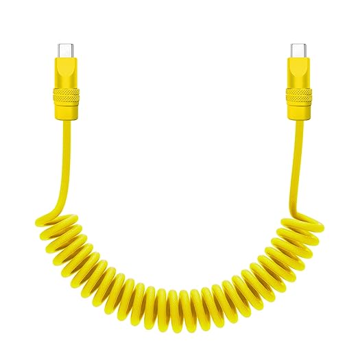 chubbycable Curly Chubby - Retractable Fast Charging Cable 240W Coiled Charger Cord for Car Durable USB-C Cable for Phones, Tablets and More, Yellow+Yellow, Type-C to Type-C, 1.3FT-2.3FT