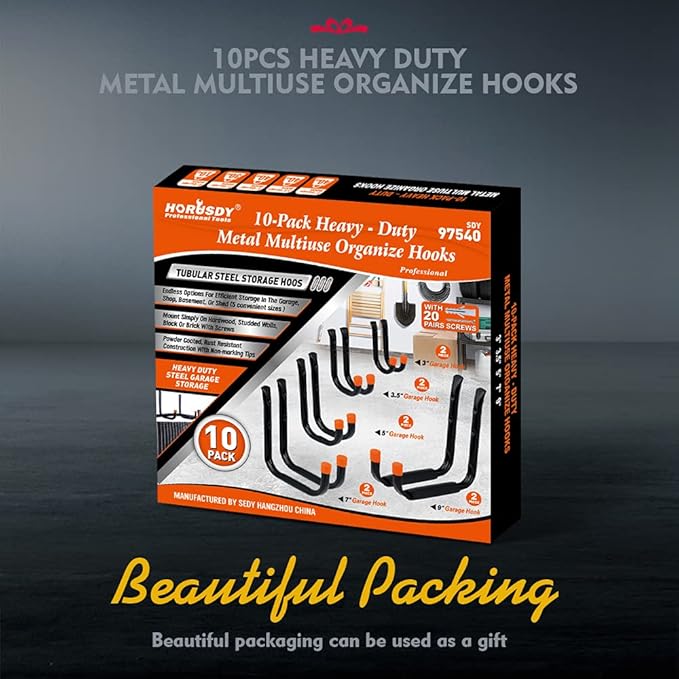 HORUSDY 10-Pack Heavy Duty Garage Storage Hooks Assorted Utility Hooks, 9", 7", 5", 3.5", 3" Two Each