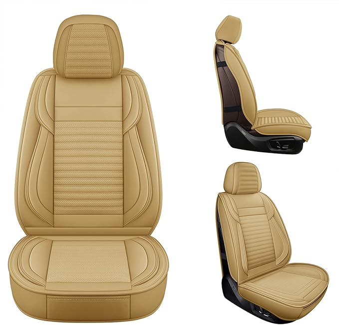 LINGVIDO Car Seat Covers, Breathable and Waterproof Faux Leather Automotive Seat Covers for Cars SUV Truck Sedan,Universal Driver Seat Cover with Backrest (Front Seat, Beige)