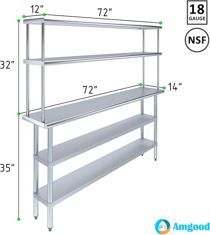 Amgood Stainless Steel Work Table with 2 Shelves & Overshelf | Metal Kitchen Prep & Shelving Combo (14" x 72" Table + 12" Overshelf)