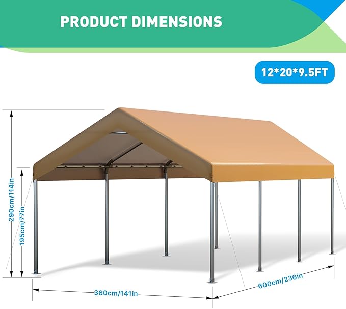 12X20 Ft Heavy Duty Carport Canopy, Portable Garage, Car Tents, Easy to Assemble, Reinforced Structure, with Hanging Edge, Applicable to Car, Bike, Boat, Party (Yellow)