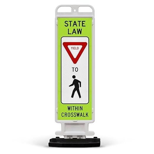 State Law Yield For Pedestrian Within Crosswalk R1-6a MUTCD Sign, Double Sided 3M Engineer Grade Reflective, Portable Rubber Base, Impact Resistant Plastic Frame
