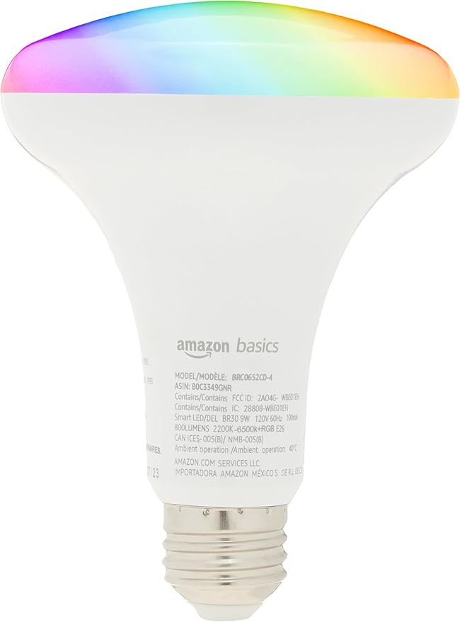 Amazon Basics Smart BR30 LED Light Bulb, Color Changing, 9W (60W Equivalent), 800LM, Works with Alexa Only, 2.4 GHz Wi-Fi, No Hub Required, 4 Pack