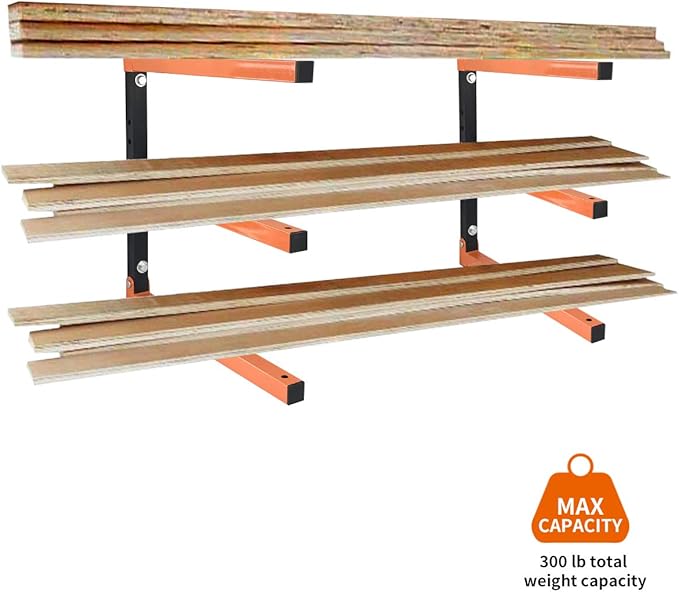 Homydom Garage Shelving Wood Rack,Lumber Storage Rack Wood Organizer Wall Mount Rack Heavy Duty Metal Saving Indoor & Outdoor Space with 3-Level, 4 Pack