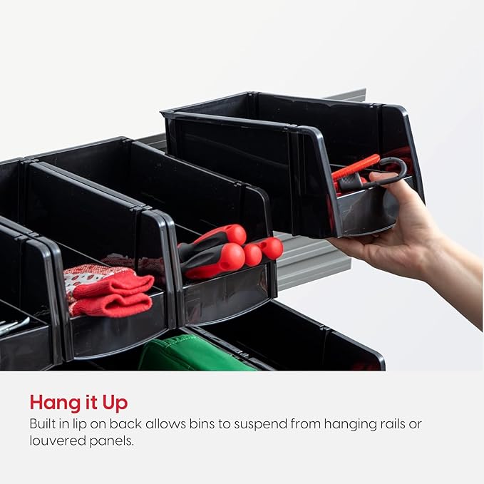 IRIS USA Plastic Shelf Bins Stackable Open Front Storage Bins Plastic Hanging Organizer Bin Caddy Basket for Hardware Crafts, Small Parts, Nuts and Bolts, Tool Storage - Medium Black 8 Pack