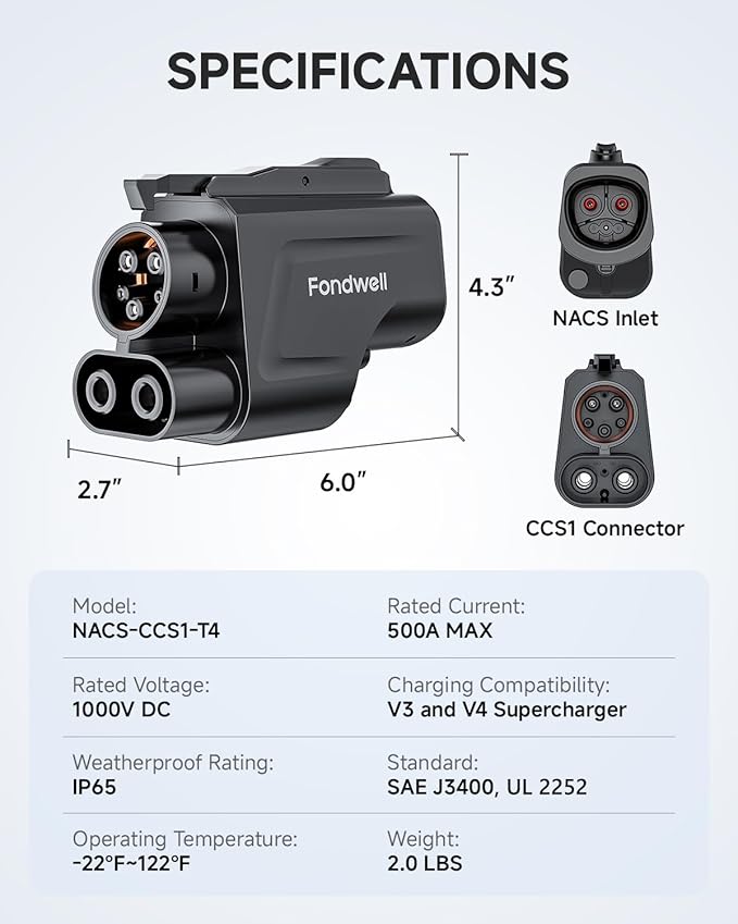 Fondwell NACS to CCS Charger Adapter: UL 2252 Safety Compliance Verified by SGS - Compatible with Tesla V3/V4 Supercharger - 250kW 1000V 500A DC Fast Charger Adapter for CCS1 Electric Vehicles