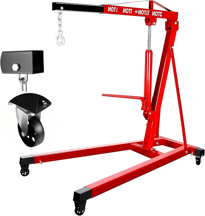 2 Ton Engine Hoist, Carbon Steel Cherry Picker Engine Hoist with 4 Casters, Hydraulic Engine Crane Hoist Cherry Picker Shop Crane for Garage Factory Warehouse, Red