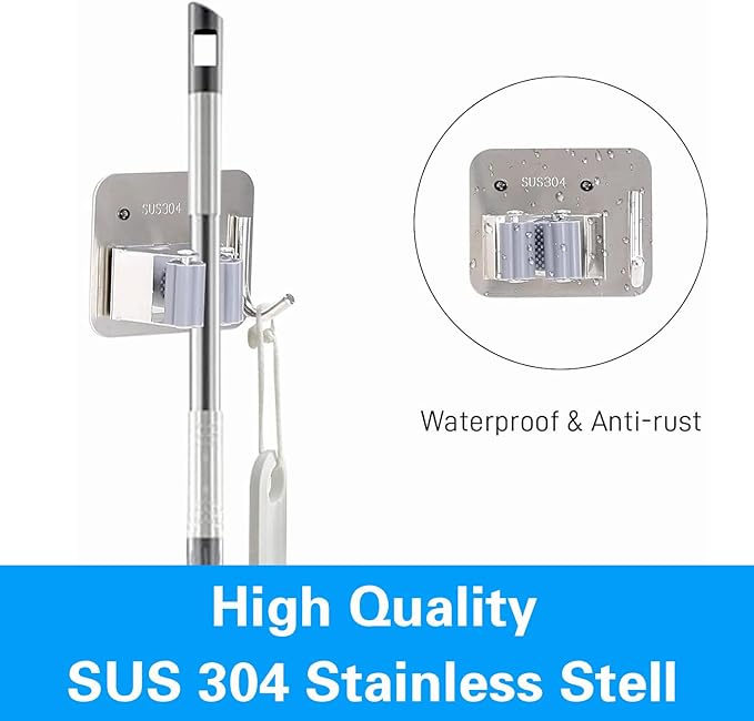 5 Pack Broom Holder Heavy Duty Stainless Steel Broom Hanger with Hooks Screw Drilling Rust Resistant Mop and Broom Holder Wall Mount for Bathroom Kitchen Laundry Room Garage - Silver