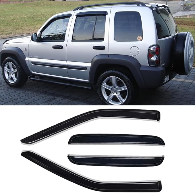 94428 Side Window Wind Vent Deflector,4pcs Outside Mount Style Nice Sun Rain Guards Set,Dark Smoke Tint Window Visor fit for 2002-2007 Jeep Liberty