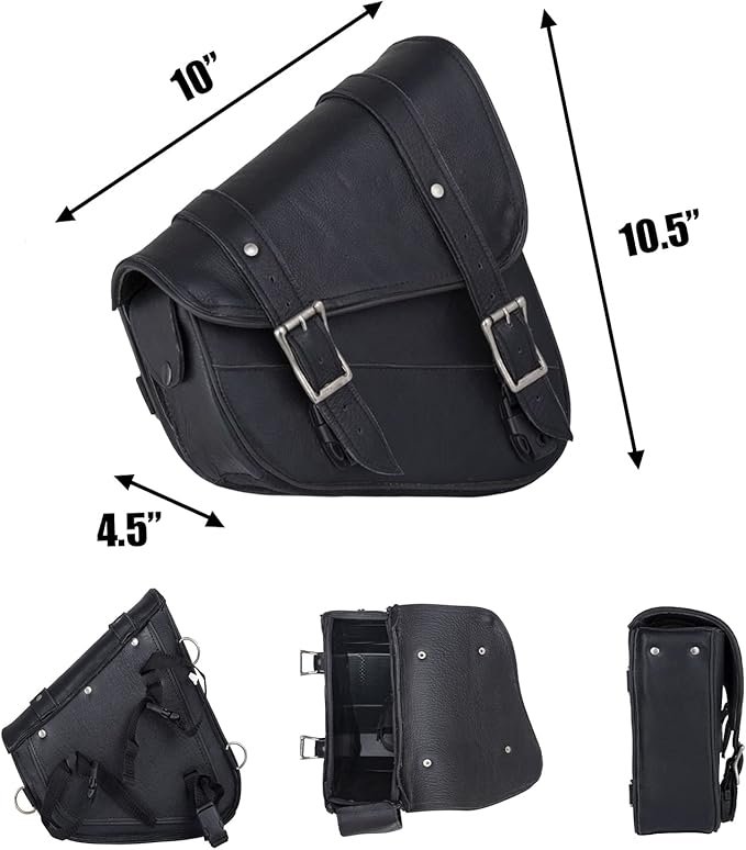 GARGOYLE BELLS Premium Naked Leather Swing Arm Bag For Motorcycle Left Side Solo Bags Saddle Bags For Softails Choppers (Style-1, Black)