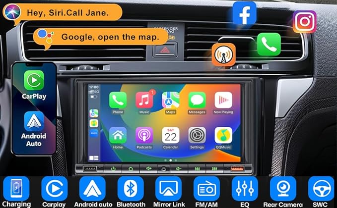 7" Wireless Double 2 Din Car Stereo Apple Carplay Radio Screen for Car Audio Receivers, Bluetooth Car Play Android Auto Touchscreen Head Unit,RCA Outputs, Backup Camera, SWC, FM/AM