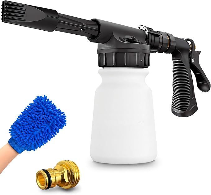 Car Wash Foam Gun + Microfiber Wash Mitt - Car Foam Sprayer - Foam Cannon for Hose - Spray Foam Gun Cleaner - Snow Foam Blaster for Cars, Boats, RVs, Foam Cannon Connects to Any Garden Hose