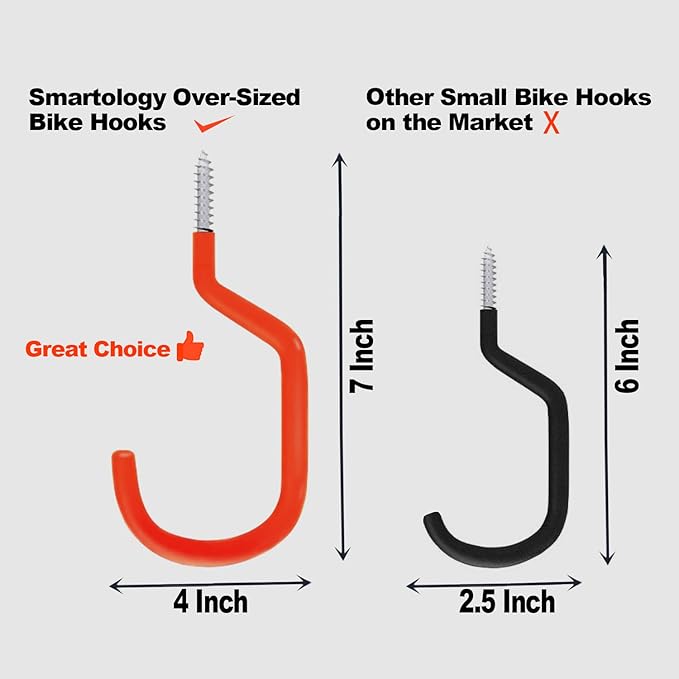 SMARTOLOGY Bike Storage Hook, Bike Hanger, Rubber Coated Heavy Duty Large Screw in Ceiling Hooks for Garage Wall, 4 Pack, Fits All Bike Types, Bike Racks & Stands