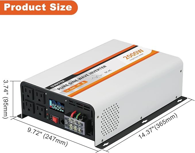 2000W Pure Sine Wave Inverter 12V DC to 120V AC Converter for Vehicles Boat Camping Outdoor Solar System, 2000 Watt Power Inverter with LCD Display, Remote Controller, USB Port, 4 AC Outlets