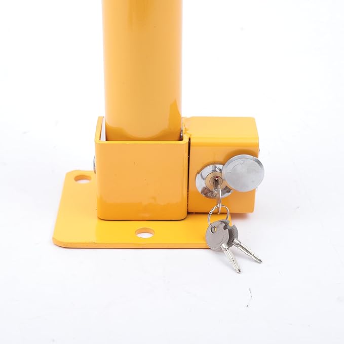 Spring Parking Post Wall Mount Parking Barrier with Lock Folding Metal Parking Obstacle Piles with Warning Stripes Driveway Parking Interceptor Bollard for Parking Lot -Red/Yellow (5.1*4.3*23.6in)