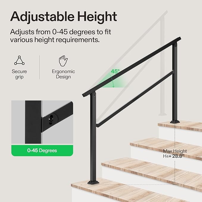 VIVOSUN Outdoor Handrail, 4 Step Stair Handrail, 54" x 36" Fits 1 to 4 Steps, Wrought Mattle Iron Handrail for Concrete Steps, Porch Steps, One-Step Assembly, Black