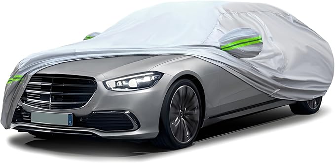 KEYOOG Sedan Car Cover, 6-Layer All-Weather Waterproof, Heavy Outdoor Car Cover, Universal in All Seasons, Snow Protection, Acid Rainproof, Sunscreen, Universally Fit to Sedan (206"-216")- Silvery