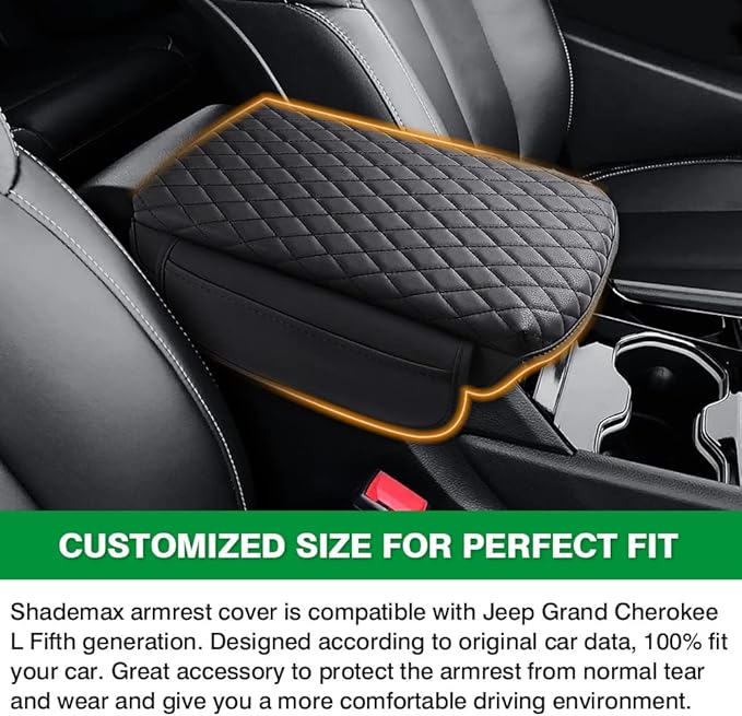 Shademax Custom for Center Console Cover Jeep Grand Cherokee L Accessories 2021-2023 2024 2025 2026 Armrest Cover Center Console Pad Leather Armrest Seat Box Cover Protector with Pockets Storage Bag