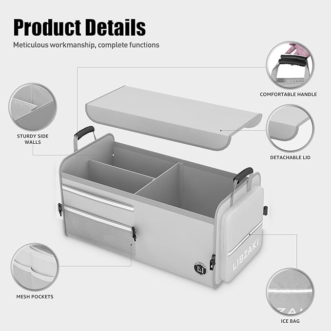 LIBZAKI Car Trunk Storage Organizer, Multi Compartment Collapsible Trunk Storage Box for Car Truck SUV-Gray