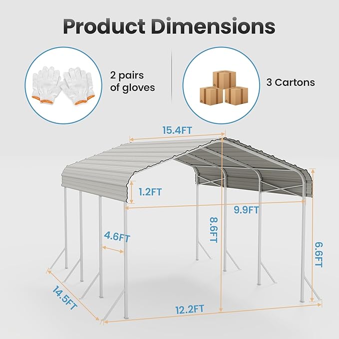 10x15 Carport, Heavy Duty Metal Car Port, All-Weather Protection, Easy Assembly for Cars, Trucks, Boats, Tractors, and Outdoor Storage
