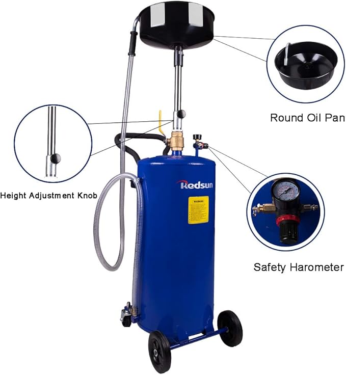 redsun 20 Gallon Waste Oil Drain Tank, Air Operated Oil Drainer Container with Adjustable Funnel Height, Portable Fluid Drain Disposal with Wheels for Auto Repair Shops, Garages (Blue)