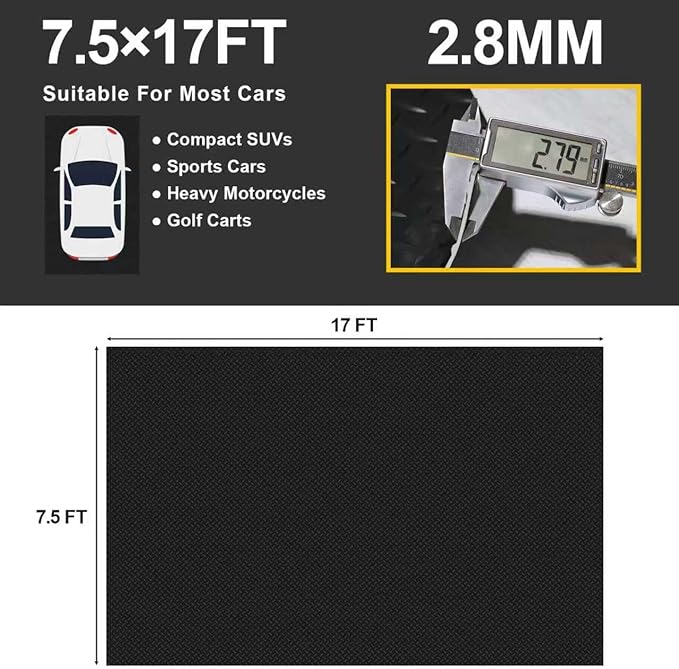 Garage Floor Mat 2.8mm Thickness PVC Garage Flooring Roll Diamond Plate Floor Mats for Garage, Workshop, Gym, Golf Cart Parking or Trailers (Black, 7.5 x 17 FT)