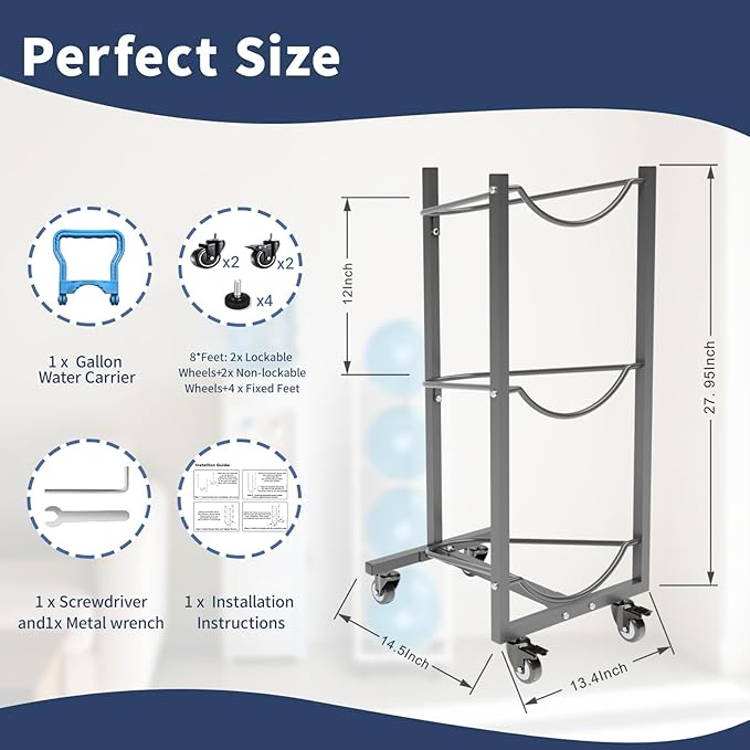 Water Jug Holder with 4 Wheels: 3 Tier Movable Gallon Bottle Storage Rack for Office Gym Garage - Black