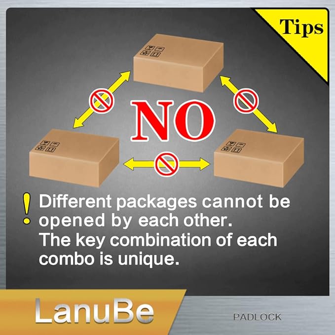 LanuBe Lock Laminated keyed Padlock (1-9/16", 40mm), keyed Alike Locks, Long Shackle,Marked Black Plastic Hoop, Pack of 6