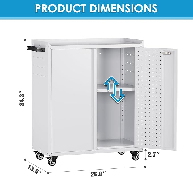 Metal Storage Cabinet with 2 Doors and 4 Hooks,34" H Top Workbench Mobile Tool Chests Garage Cabinets with 4 Wheels and Lock/Push Arm for Home,Office,Shop(White)